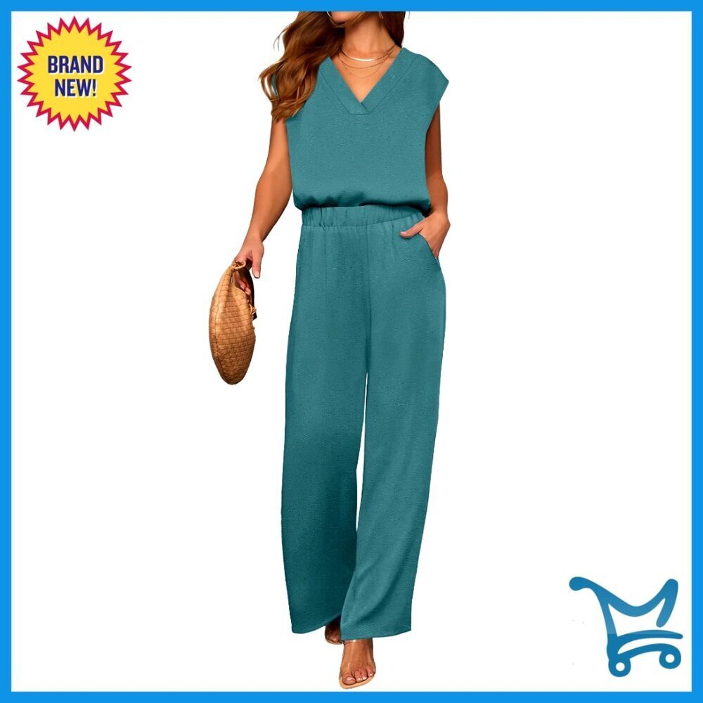 V Neck Cap Sleeve Top Wide Leg Pants Lounge Set Loose Fit Travel Outfit - Picture 1 of 7